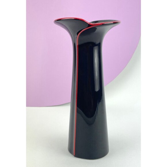 Vintage 80s minimalist vase, Toyo Algar Art Deco Revival, black red ceramic - Picture 6 of 10